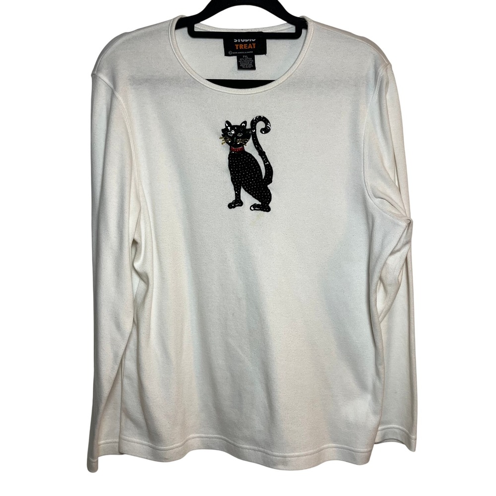 Vintage Halloween Black Cat Sequin White Long‎ Sleeve Shirt Top Petite XL Spooky